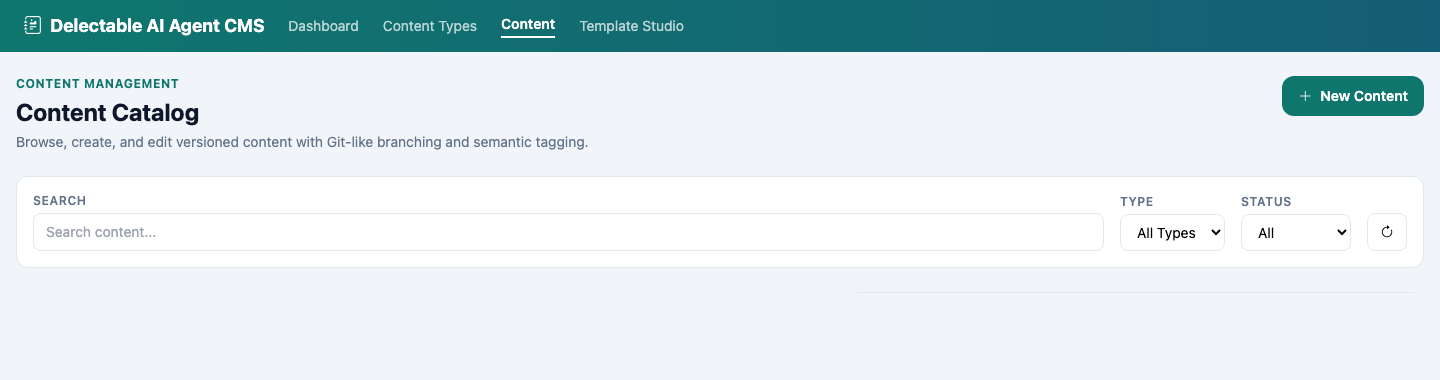 CMS Content Catalog admin — versioned content with Git-like branching and semantic tagging