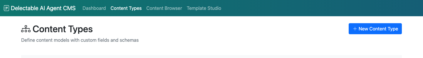 CMS Content Types admin — define content models with custom fields and schemas