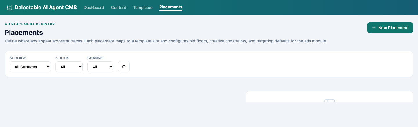 CMS Placements admin — ad placement registry mapping placements to template slots, bid floors, creative constraints, targeting defaults