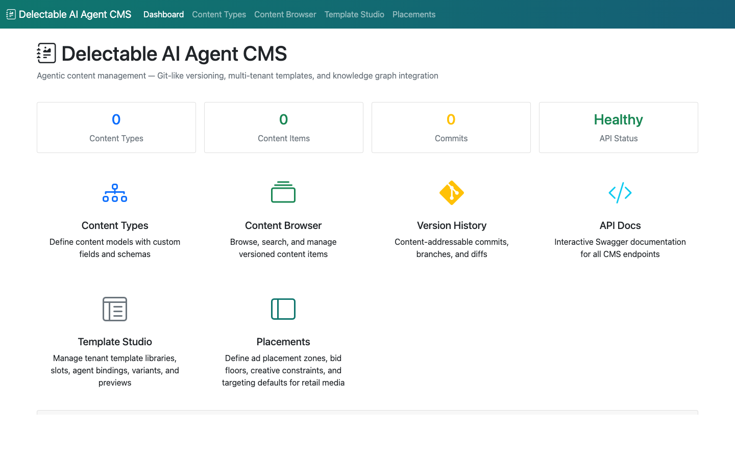 Live Delectable AI Agent CMS dashboard — Content Types, Content Browser, Version History, Template Studio, Placements