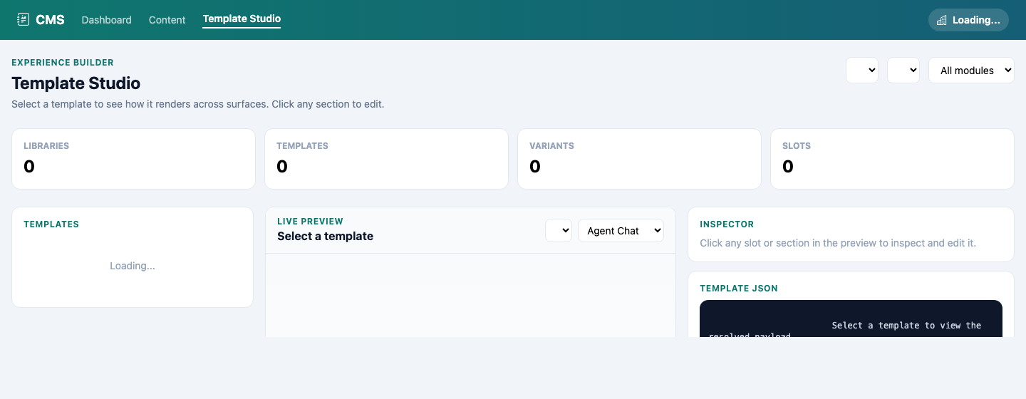 CMS Template Studio with Libraries, Templates, Variants, Slots; Live Preview pane with Agent Chat surface dropdown; Template JSON inspector