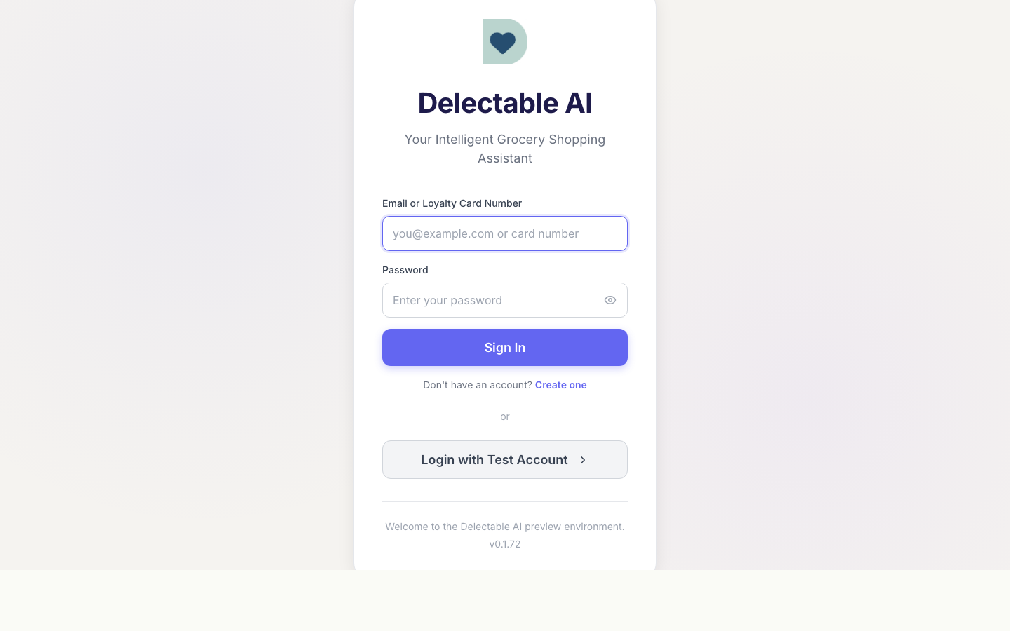 Delectable AI Shopping Assistant — consumer-facing login + chat