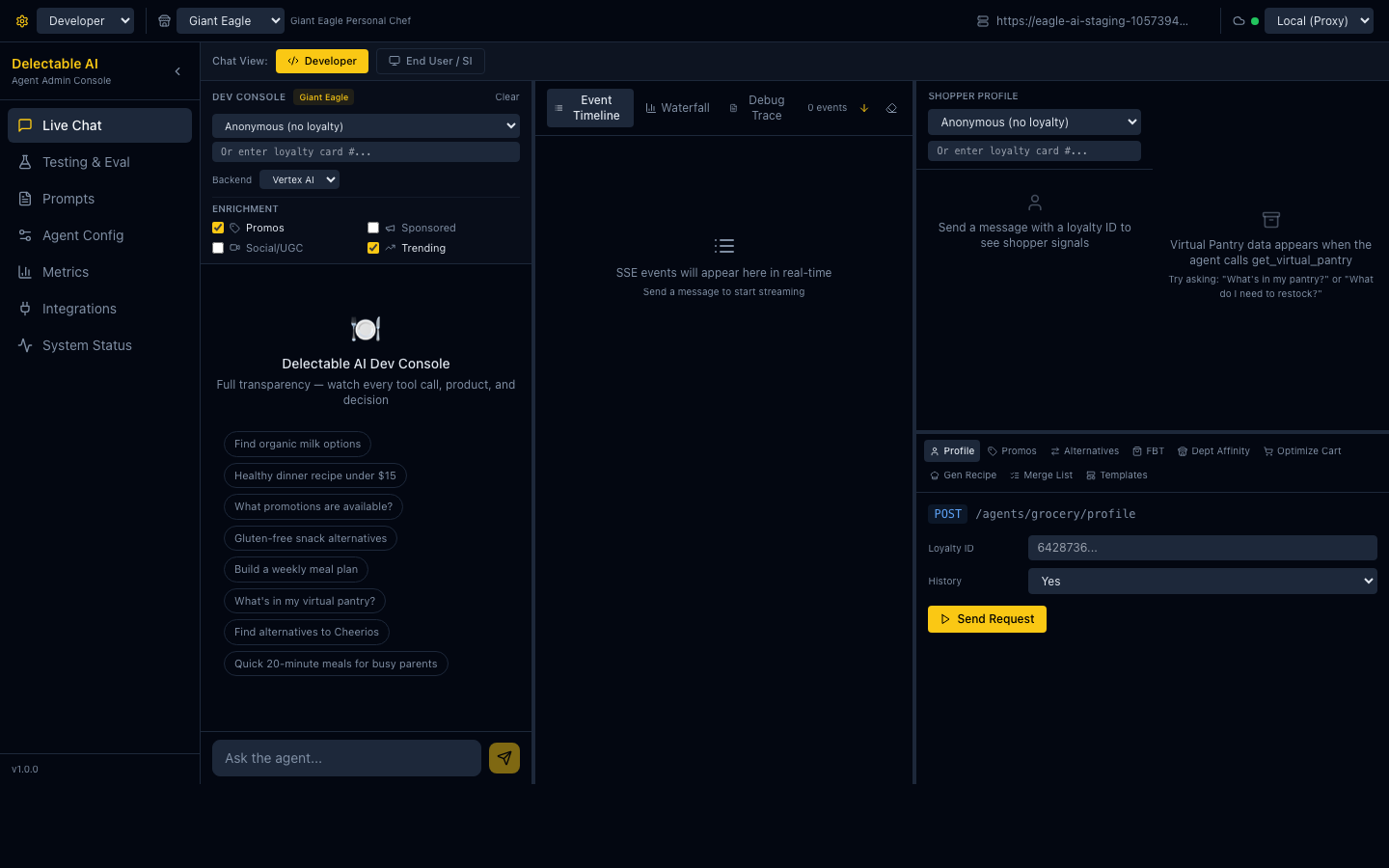 Delectable AI Agent Admin Console — live event timeline, shopper profile panel, enrichment toggles